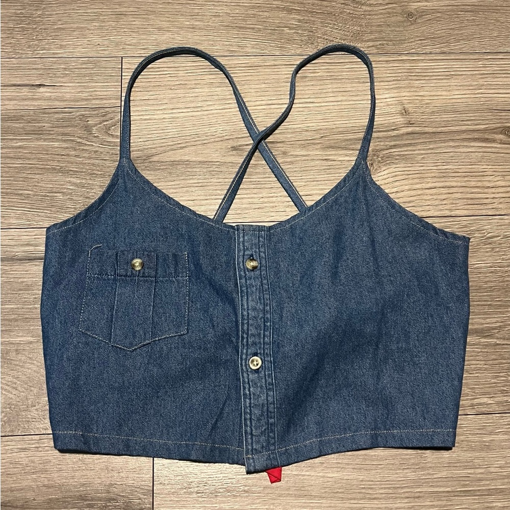 Vintage-Inspired Denim Crop Top w/ Red Bandana Bow - Size L